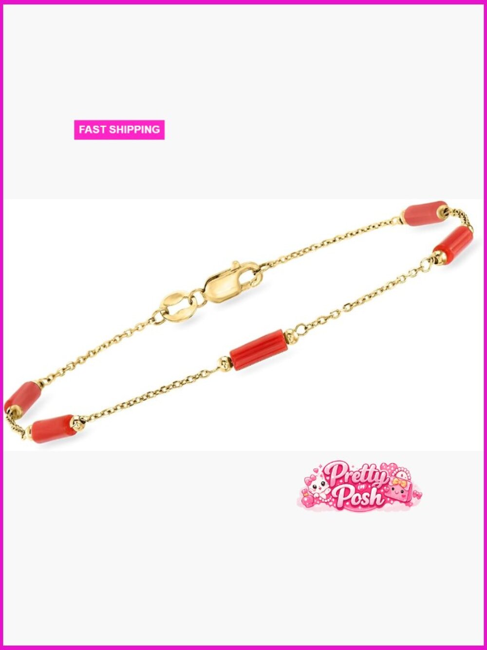 18kt Yellow Gold Italian Red Coral Bead Station Bracelet